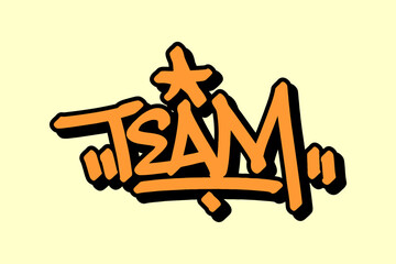 Graffiti tag “Team” in bold orange lettering with black outline on yellow background. A tribute to unity and spirit in basketball culture. Bold street vibe perfect for athletic and urban art.