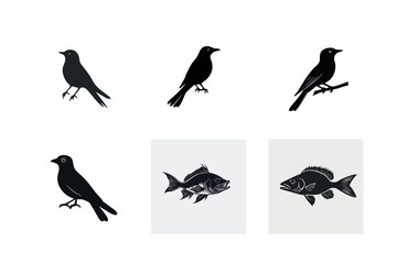 Fototapeta premium Bird and fish silhouettes vector icons set