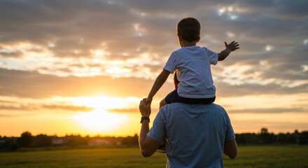 Father's Day. Rear view of a young boy sitting on his parents shoulders holding hands and looking off into the distance enjoying the sunset