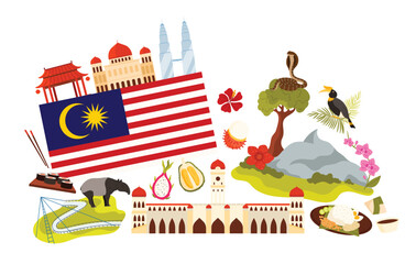 Travel to Malaysia set, elements of culture and religious temple, nature landmarks and food in infographic collage poster. Malaysian flag and rafflesia, Langkawi Sky Bridge cartoon vector illustration © Flash Vector