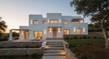Fototapeta premium White Modern Villa with Stone Steps and Sunny Exterior
