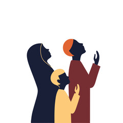 Silhouette of a family praying together on Eid at sunset, perfect for religious and festive digital art collections.