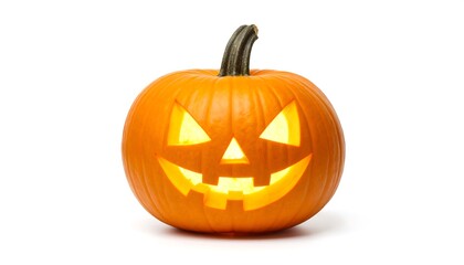 Fototapeta premium Glowing Carved Jackolantern Pumpkin with Light for Halloween on White Background.