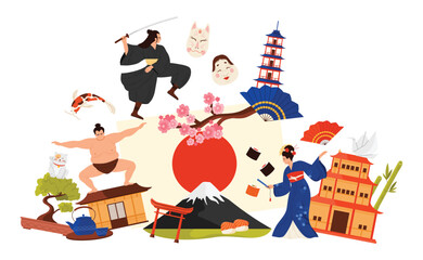 Travel to Japan, Japanese culture elements and famous architecture in infographic collage. Geisha dance and samurai with sword, sumo wrestler, Mount Fuji and sakura branch cartoon vector illustration