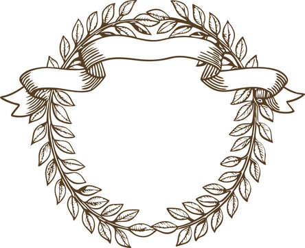 laurel wreath frame with blank ribbon banner elegant hand drawn vintage outline for awards, honors, achievement, and decoration