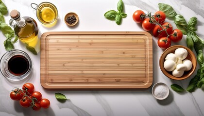 an elegant bamboo cutting board on a white kitchen counter with ingredients like tomatoes mozzarella and balsamic vinegar arranged around it