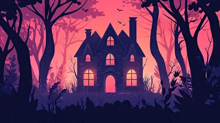 A spooky house nestled within a twilight forest.