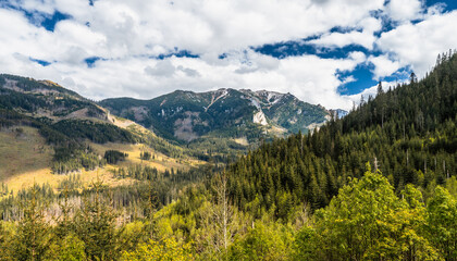 Scenic landscape of the Tatra Mountains in Poland with lush coniferous forest under the cloudy sky at Spring