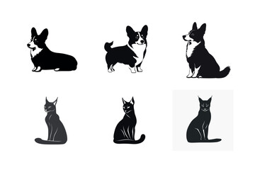 Fototapeta premium Corgi and caracal cat silhouettes collection