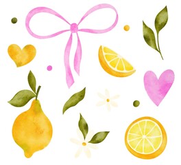 Watercolor set with lemons, flowers,pink bow, hearts. Juicy sour yellow citrus lemon fruit illustration with elements. Perfect for stickers,cards, textile,fabric.