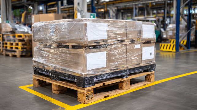 Pallet of goods on wooden base secured with multiple layers of transparent film, sitting in a delivery staging area with yellow safety markings on the floor