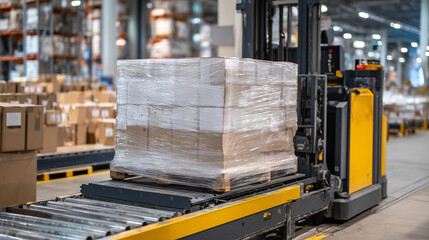 Wrapped pallet stacked high with cartons, positioned on a mechanized lift ready for automated placement into tall warehouse shelving
