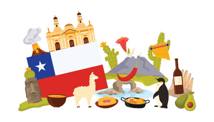 Travel to Chile, culture and landmark, food in infographic collage banner. Andes mountains and Chilean bellflower, big flag and Moai statues, Cathedral and Chili con carne cartoon vector illustration