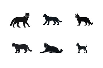 Six black silhouettes of wild and domestic cats and a dog