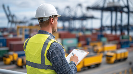 Construction worker in reflective vest and hard hat stands with clipboard in hand, overlooking a busy cargo port filled with stacked shipping containers and bright yellow transport