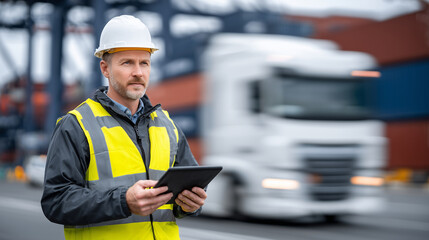 Man in safety gear holding a digital tablet, analyzing logistics data in real time while heavy-duty trucks roll by and containers are stacked with mechanical precision