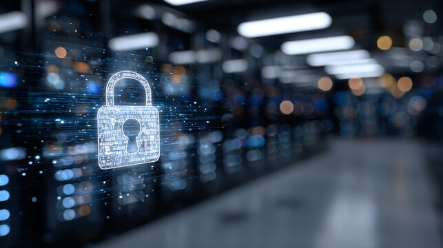 Wide shot of a sleek, high-tech server room with endless rows of black server racks, a glowing padlock icon hologram floating mid-air, representing encrypted digital protection