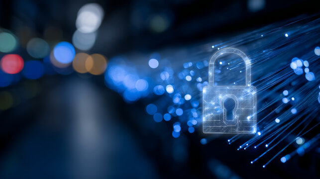 Steel padlock digitally imposed over server arrays with glowing fiber optic cables, creating a powerful visual metaphor for secure information architecture