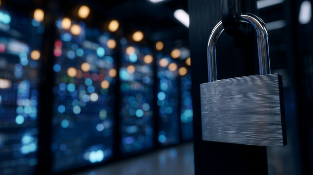 Dark ambient data center scene with rows of racks illuminated only by flashing indicators and a metallic padlock hanging from one cabinet, evoking mystery and digital strength