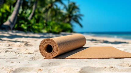 Rolled Cork Yoga Mat on Tropical Beach Sand Relaxation Wellness Summer Vacation