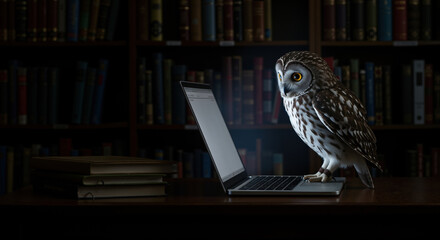 Owl perched on laptop in dark library with bookshelves. Symbol of wisdom and knowledge for education services and online learning platforms