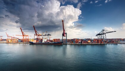 Fototapeta premium industrial shipping yard with containers and cranes amid overcast skies