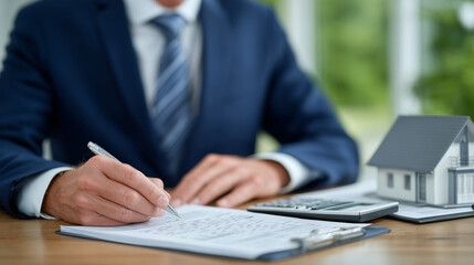Scene with consultant reviewing amortization tables on-screen as client signs home loan agreement, desk setup includes mortgage application folder, house model, and detailed financ