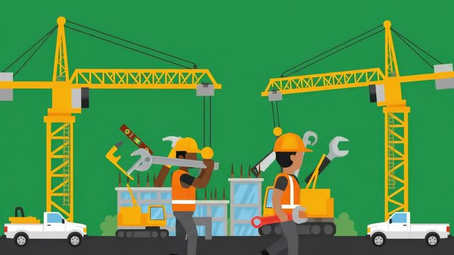 Construction Workers with Tools and Cranes in Animated Cartoon Style Video