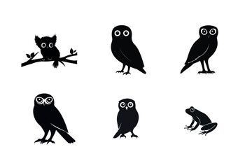 Fototapeta premium Silhouette set of owls and a frog
