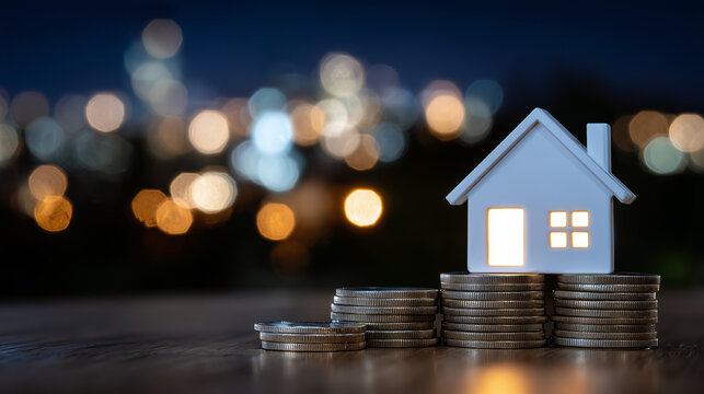 Minimalist composition with a glowing white house symbol perched on stacked coins, warm ambient light casting soft shadows, embodying secure property investment and financial stabi