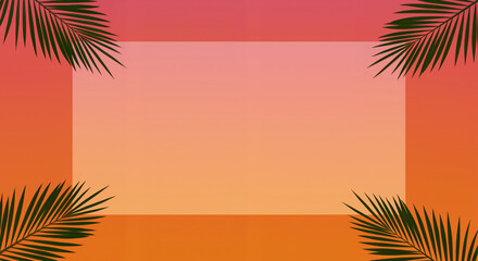 Coral and orange gradient background with palm leaves framing empty central space. Summer banner for tropical events, beach parties and exotic vacation promotions