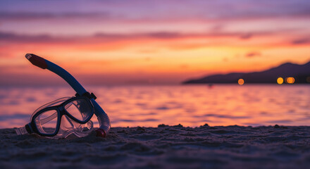 Fototapeta premium Snorkeling mask and tube on beach sand with dramatic sunset over ocean in background. Summer banner for water sports equipment, beach activities and tropical adventure vacations