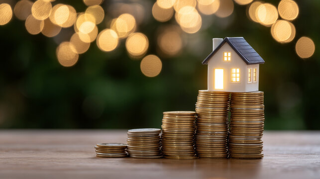 Soft glowing house icon atop a high stack of coins, warm golden light bathes the scene, subtle bokeh effects in the background, evoking hope, growth, and financial security in real
