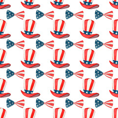 Seamless festive watercolor pattern featuring hats and bow ties in red, white, and blue colors inspired by the American flag. Perfect for patriotic celebrations and 4th of July designs.
