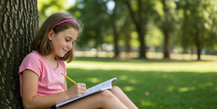 Young girl writing in notebook with pencil while sitting under tree in park. Outdoor learning and education during summer vacation for homework assignments and creative writing