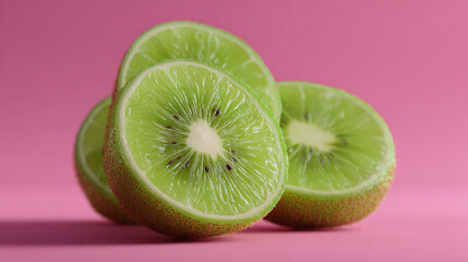 Sliced kiwi fruit on soft pink background, vibrant green texture, juicy tropical detail, clean and minimal composition for healthy food concepts