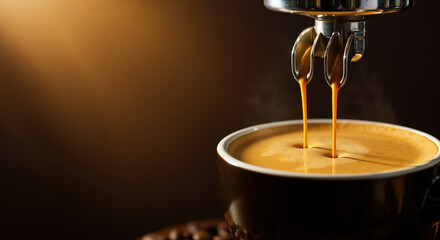 Espresso machine pouring fresh coffee into dark cup with golden crema forming on surface. Close-up of extraction process showing rich coffee preparation for cafe and barista training