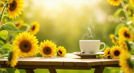 Steaming white coffee cup with coffee beans on wooden table surrounded by bright sunflowers in garden setting. Natural morning beverage scene connecting coffee enjoyment with summer floral beauty