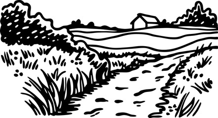 Countryside rural landscape with distant farmhouse, winding dirt road, grassy fields, and bushes in black and white illustration