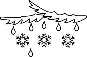 Fototapeta premium Melting icicles and snowflakes under pine branch in winter thaw and seasonal transition concept illustration