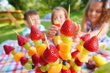 Colorful fruit skewers with strawberries, melons, and grapes are being enjoyed by children at a picnic, showcasing a vibrant outdoor gathering and healthy eating habits