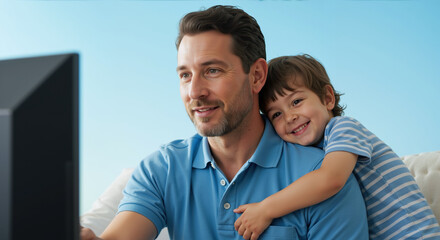 Fototapeta premium Happy father in blue polo shirt hugging curly haired son on sofa while watching television. Quality family time together. Father's Day entertainment and home service promotions