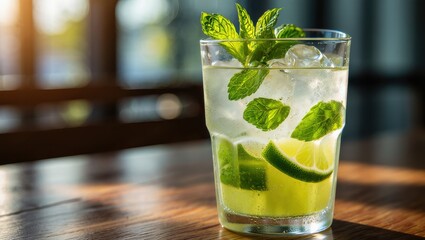 Refreshing cocktail with mint leaves and lime slices in a clear glass, placed on a wooden table, capturing the essence of summer beverages and relaxation moments