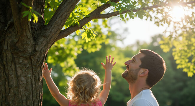 Father and curly child raising hands up toward tree in sunny park setting. Discovery and wonder sharing moment. Father's Day outdoor activities and nature education services