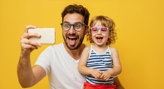 Excited father and curly child taking selfie wearing funny glasses on yellow background. Joyful family photography moment. Father's Day camera and entertainment service promotions