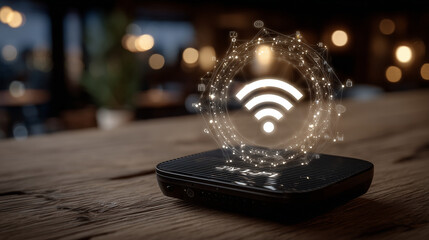 Elegant black Wi-Fi router resting on a natural wood grain surface, with a glowing signal icon pulsing gently above it, encircled by digital network symbols, emphasizing the digita
