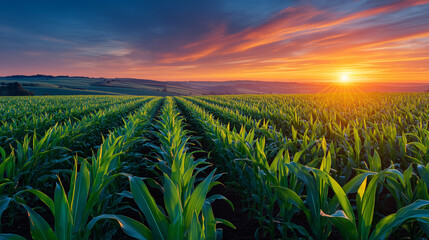 Sunrise scene over a vast agricultural cornfield with golden sunlight highlighting fresh green plants, blue sky blending into warm tones, encapsulating summer growth, farming dedic