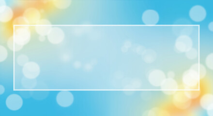 Soft blue bokeh background with yellow accents and white rectangular frame. Gentle summer banner for wedding invitations, baby shower announcements and holiday greetings
