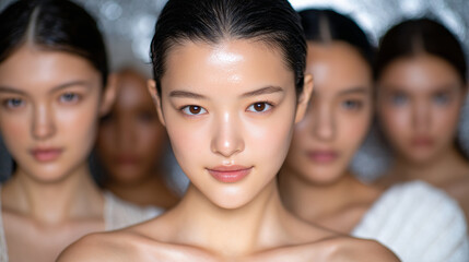 Obraz premium Artistic group portrait of youthful Asian women facing forward with clean radiant skin and polished makeup, surrounded by white minimalist decor, evoking serenity, beauty expertise