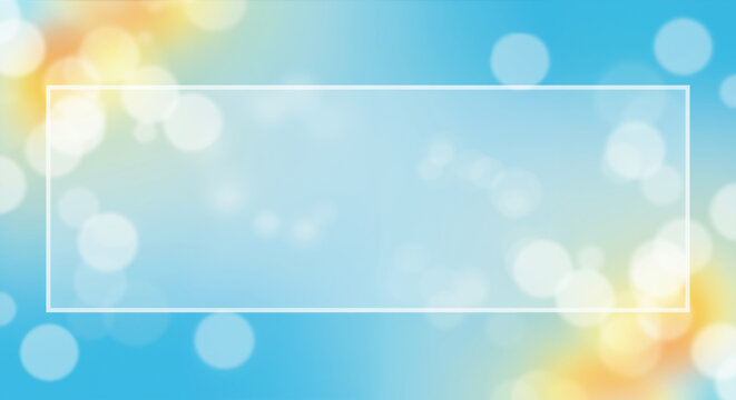 Soft blue bokeh background with yellow accents and white rectangular frame. Gentle summer banner for wedding invitations, baby shower announcements and holiday greetings